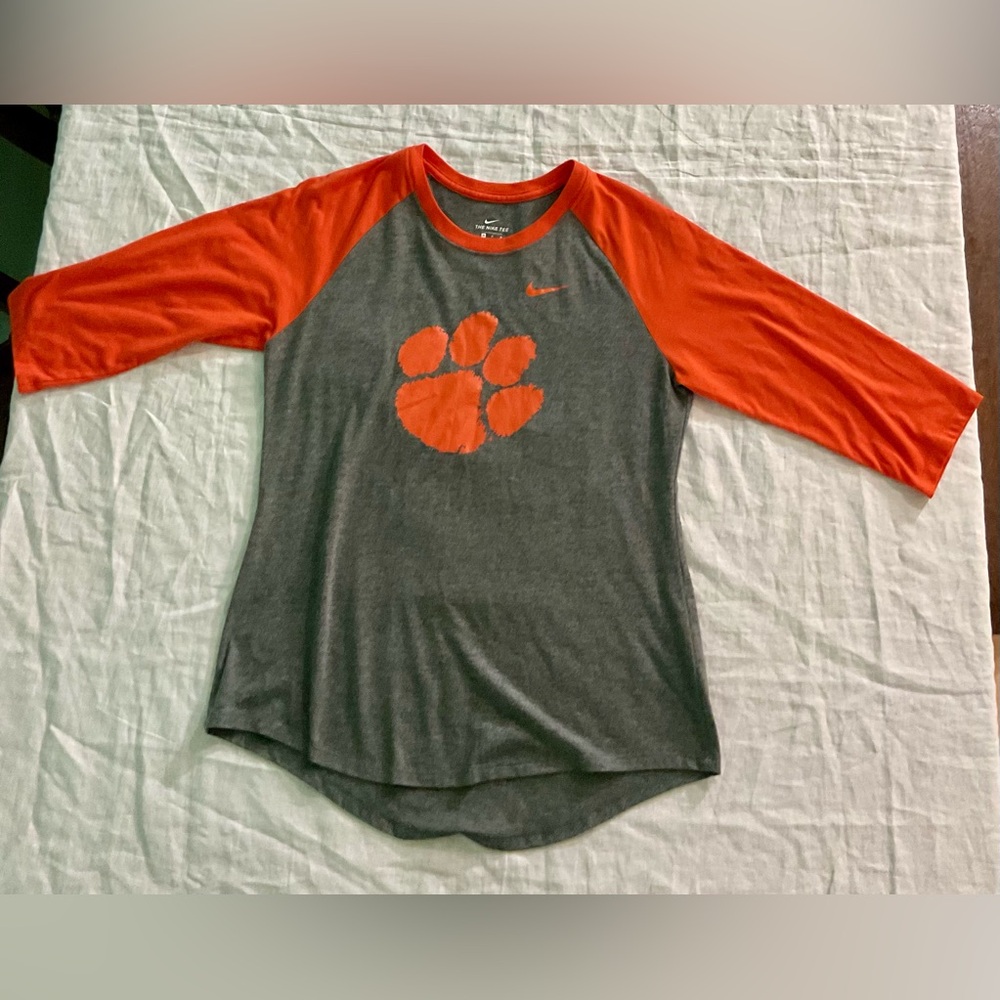 Nike Clemson Tigers Baseball Tee Shirt 3/4 Sleeve Orange Gray Women Size Medium